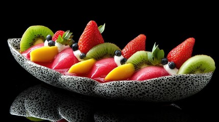 Poster - Dragon fruit, mango, kiwi, and strawberries placed diagonally with negative space along one edge