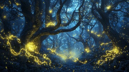 Poster - Enchanted forest at night illuminated by glowing fireflies creating a magical atmosphere among whispering trees and soft moonlight