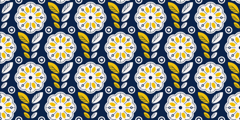 Aufkleber - The flowers are composed of white outlines filled with yellow, creating a vibrant contrast. Each flower has a central dark blue circle.