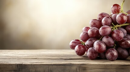 Poster - Grapes spilling over the edge of a wooden table with wide blank area in the background