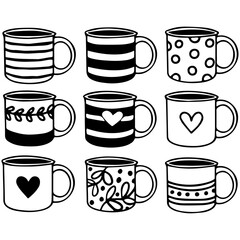 Fototapete - Each mug features a unique pattern, including stripes, polka dots, hearts, and floral motifs. The mugs are drawn in a simple, hand-drawn style.