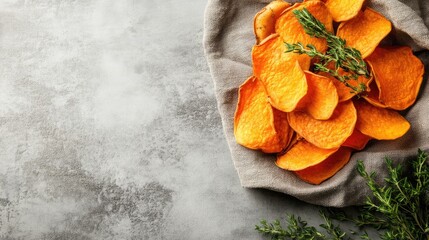 Poster - Sweet potato crisps on cloth napkin with herbs on top and blank background