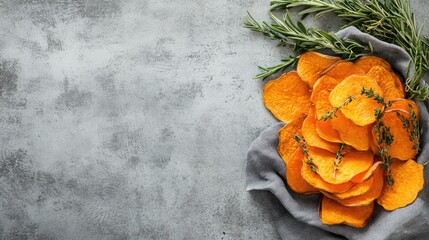 Poster - Sweet potato crisps on cloth napkin with herbs on top and blank background