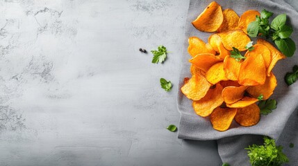 Poster - Sweet potato crisps on cloth napkin with herbs on top and blank background
