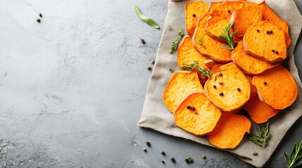 Poster - Sweet potato crisps on cloth napkin with herbs on top and blank background
