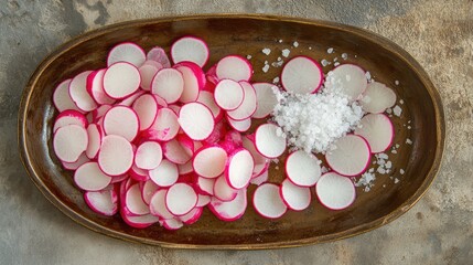 Poster - Thinly sliced radish chips with sea salt on tray, minimal styling and space