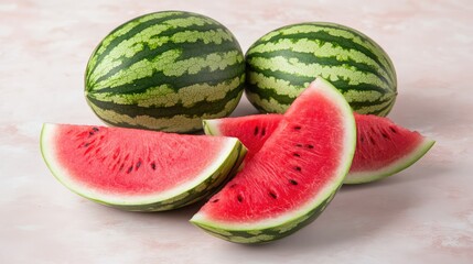 Poster - Whole and sliced watermelon pieces placed on a pastel pink surface with plenty of blank area for layout use