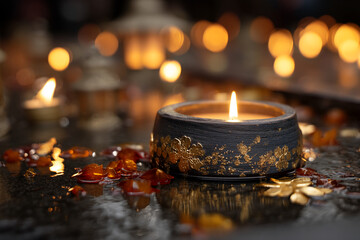 Poster - Burning candle in dark container with gold floral accents sits in water with amber stones, surrounded by soft candlelight, representing tranquility, peace and relaxation