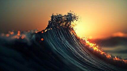 Poster - serene wave in the ocean gently rolling towards the shore with celestial energy fields under twiligh