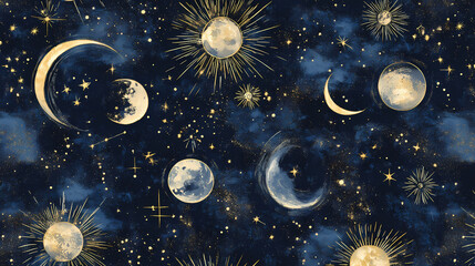 Wall Mural - A seamless design combining constellations, planets, and stars within a starry night textile fabric, illustrating the wonders of the cosmos with a modern touch. Arcane Textile. Illustration