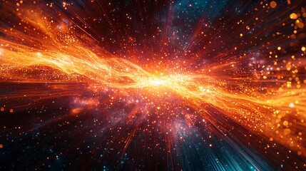 Poster - Bright explosion of light radiating energy and warmth against a dark background creating a celestial effect with cosmic fluidity and high-key light