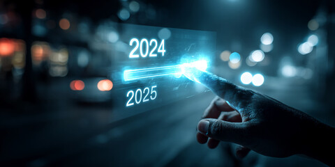 Aufkleber - Hand interacting with a futuristic interface, showcasing a progress bar transitioning from 2024 to 2025, symbolizing technological advancement and the passage of time