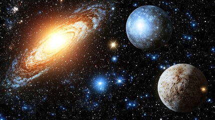 Poster - A group of planets suspended in the sky against a beautiful cosmic background with intergalactic photon fields showcasing celestial wonders