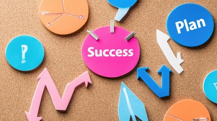 Poster - Charts, pie graphs, and upward pointing arrows pinned on corkboard with Success Plan