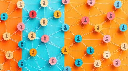 Poster - Colorful paper cutouts forming a network, connected by strings to visualize teamwork and communication