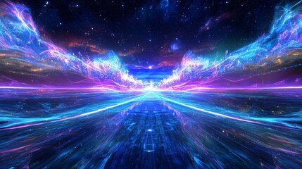 Poster - A futuristic cityscape illuminated by colorful lights creating an enchanting atmosphere of time-warping energy and cosmic wonder