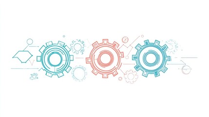 Poster - Gear icons digitally illustrated in a line to show process flow and interdependence in teamwork