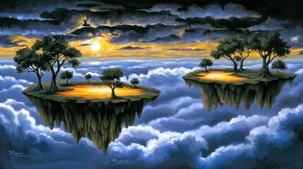 Poster - Enchanted floating island with towering trees and lush foliage surrounded by a dreamy atmosphere of glowing light and floating clouds