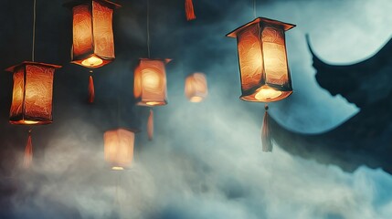Poster - Majestic dragon soaring through the sky against a backdrop of floating lanterns and fog creating a mystical and enchanting scene to admire