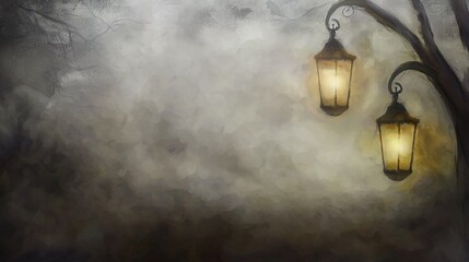 Poster - Mysterious scene depicting two lanterns shrouded in fog creating a moody shadowy atmosphere with a touch of enchantment and intrigue