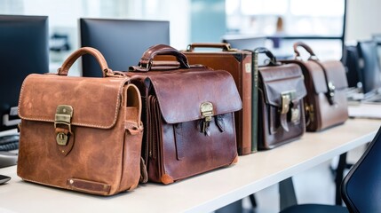 Poster - Multiple briefcases and digital tablets lined up on a shared desk representing business team readiness