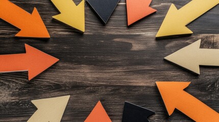 Poster - Paper arrows pointing toward a central point on a desk, visualizing focused group effort and goal alignment