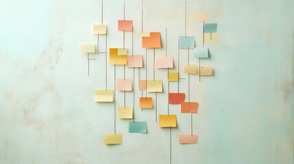 Poster - Post-it note flowchart forming a timeline of a collaborative project on a light-colored wall
