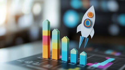 Poster - Rocket paper cutout flying over bar graph with colorful visuals showing upward growth