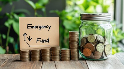 Poster - Stacked coins next to a financial growth chart and a savings jar labeled Emergency Fund
