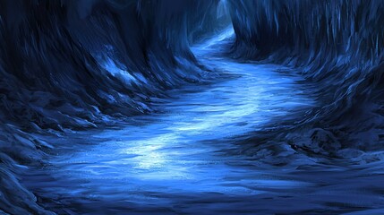 Poster - Dark, narrow tunnel with icy walls creating a mysterious atmosphere and moody shadow play enhancing the dramatic scene of exploration