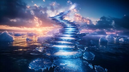 Poster - Stunning stairway made of ice leading to a magical world with soft light diffusion creating an enchanting and ethereal atmosphere