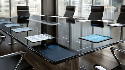Poster - Tablet and printed business report side by side on a collaborative meeting desk