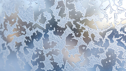 Naklejka na meble The image of frost on the glass. Subzero temperatures outside. Crystals of frozen water on glass. Beautiful pattern of frost on the window glass. ice, for text or image as background Generative AI