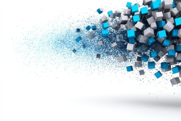 Poster - Abstract Blue and Silver Cube Explosion - Dynamic 3D of blue and silver cubes exploding, symbolizing innovation, technology, energy, growth, and transformation