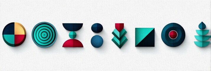 Poster - Abstract Geometric Shapes Design - Collection of vibrant, geometric shapes in teal, dark blue, red and gold, ideal for design projects or backgrounds