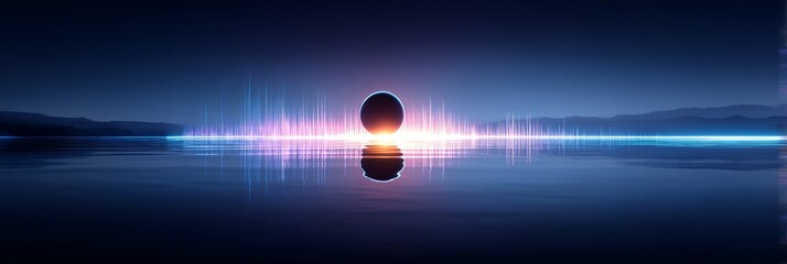 Poster - Abstract Sphere Over Calm Water - Futuristic, serene, technological, reflective, and mysterious scene. A dark sphere floats above tranquil water, illuminated by vibrant energy waves
