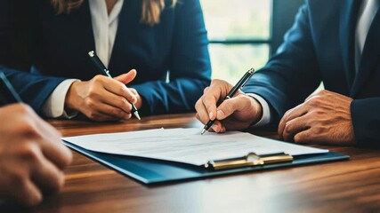 Poster - Professional business team signing legal contract, hands writing on document at wooden desk, finalizing corporate partnership or agreement in formal office setting