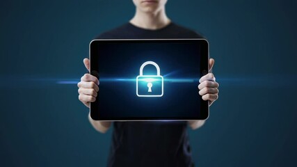 Aufkleber - Professional software developer holding tablet displaying glowing security lock icon, representing digital protection and secure network authentication against cyber threats