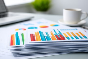 Poster - Business Data Analysis Reports - Stack of colorful financial reports and charts on desk near laptop and coffee. Data analysis concept