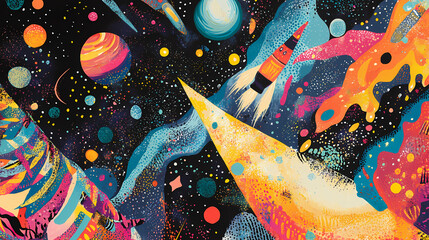 Wall Mural - a vibrant retro-style seamless pattern depicting a deep space observatory with rockets soa past plan