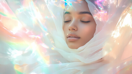 Wall Mural - ethereal portrait of a serene woman wrapped in soft white fabric with rainbow light flares, perfect 
