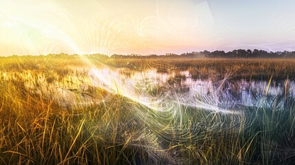 Poster - Stunning lake bathed in warm sunset light with colorful reflections on water and silhouetted trees creating a beautiful natural scene