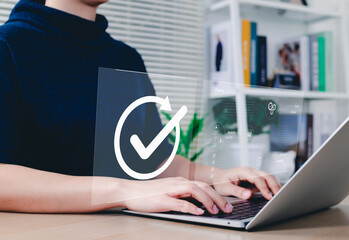 Poster - Quality assurance and certification process. Woman working on laptop with virtual check mark and diagrams related to quality assurance, planning, control, and compliance in certification workflow.