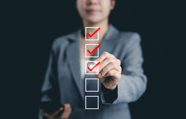 Poster - Online assessment and survey concept. Professional woman interacts with virtual checklist, symbolizing online assessments, surveys, exams, or quizzes. digital evaluation and data collection. fill out,