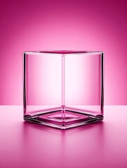 Poster - Empty Glass Cube on Pink Background - Minimalist product display, showcasing a transparent cube on a vibrant pink backdrop. Symbolizing purity, clarity, potential, simplicity, and modern design
