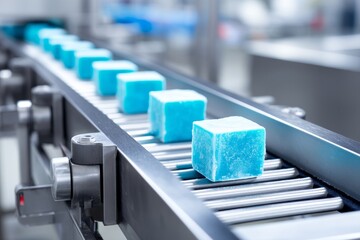 Poster - frozen food cubes production line - modern frozen food processing, showcasing efficiency, cleanlines