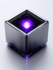Poster - Futuristic Metallic Cube Glowing Core - Symbolizing technology, innovation, energy, power, and mystery. A futuristic metallic cube with a vibrant purple glowing core