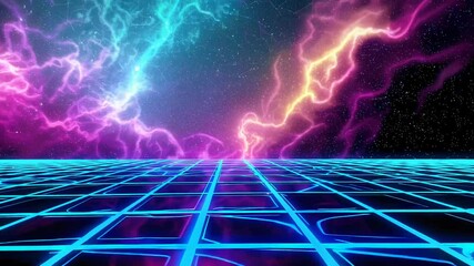 Poster - Futuristic Neon Landscape with Cosmic Colorful Lights and Grid