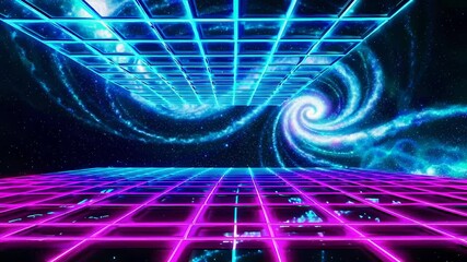 Poster - Vibrant Neon Grid in Cosmic Space with Swirling Galaxy Background