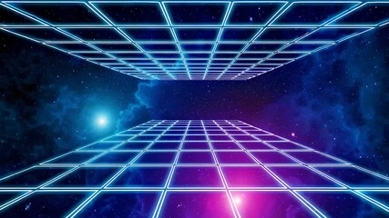 Poster - Futuristic Grid Landscape with Neon Glow in Cosmic Space